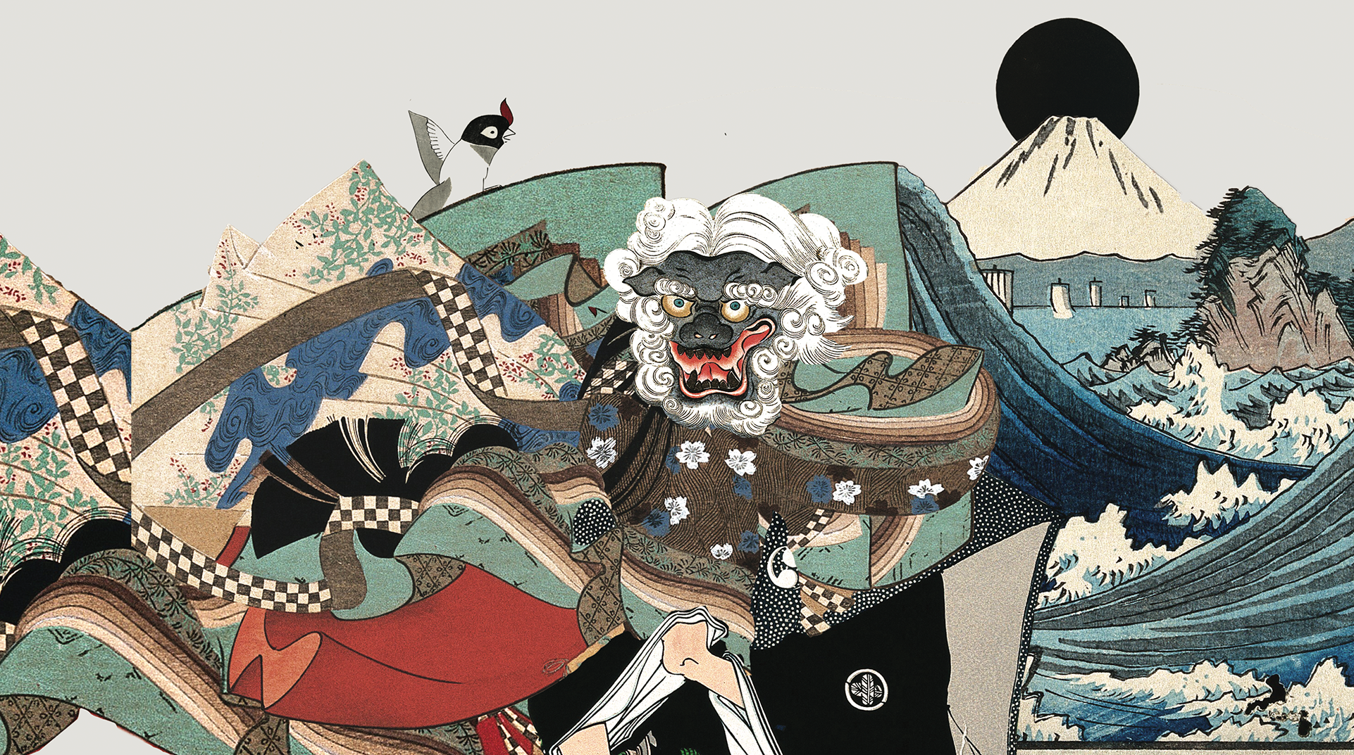 Traditional Japanese artwork with a stylized figure and Mount Fuji in the background